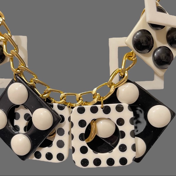 Vintage Statement Geometric Black and White Shapes Gold Tone Necklace 26” Length - Picture 4 of 5